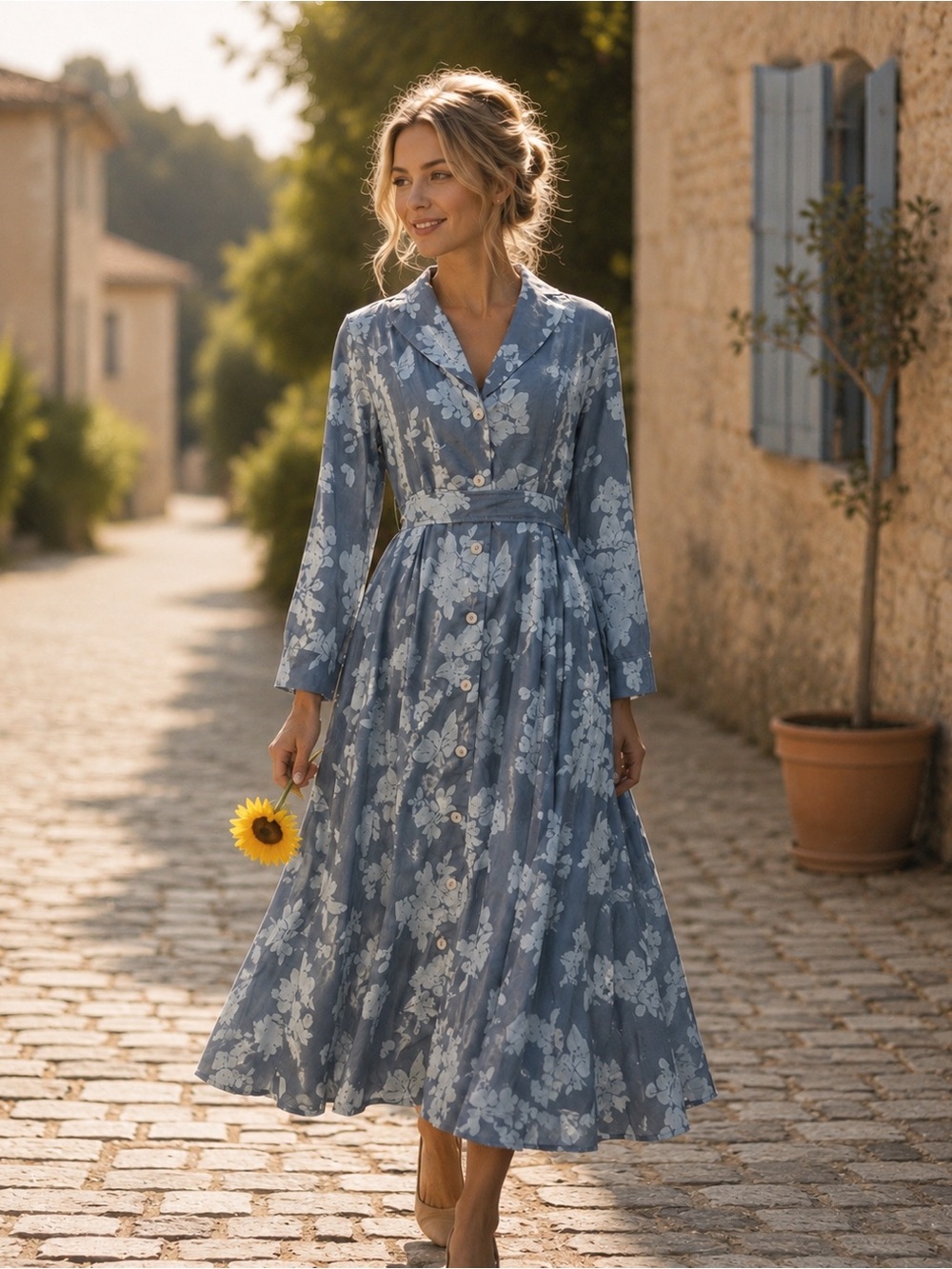 Light Blue Floral Long-Sleeve Midi Dress with Waist Tie 190